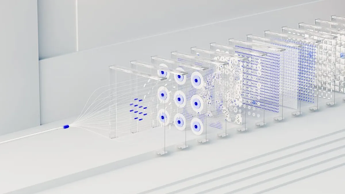 Tela de computador com interface de automação e fluxo de dados representando sistema de agentes
