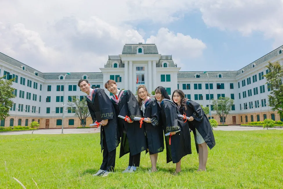 Grupo de pós-graduandas conversando em ambiente universitário com expressões de apoio mútuo