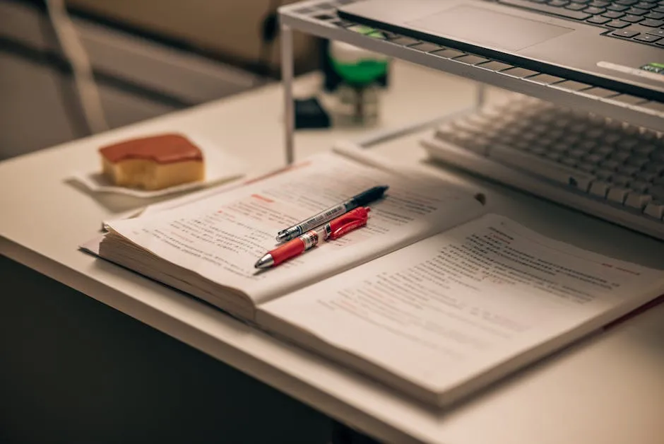 Espaço de estudo organizado em casa com mesa, livros e computador