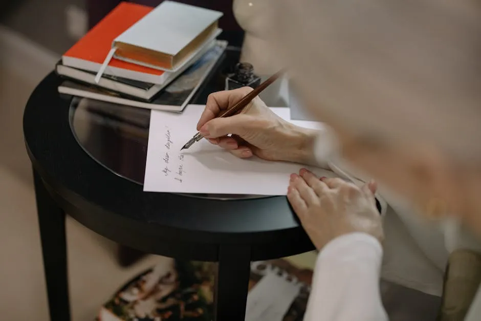 Professora sentada à mesa escrevendo carta de recomendação com livros acadêmicos ao fundo