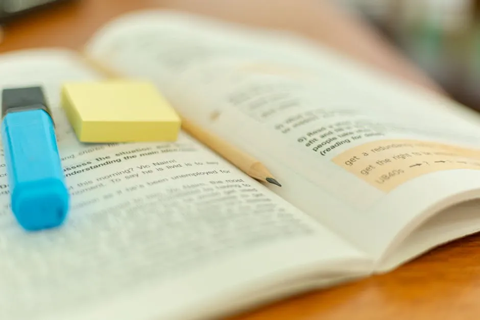 Livro aberto com trecho destacado em amarelo ao lado de caderno de anotações