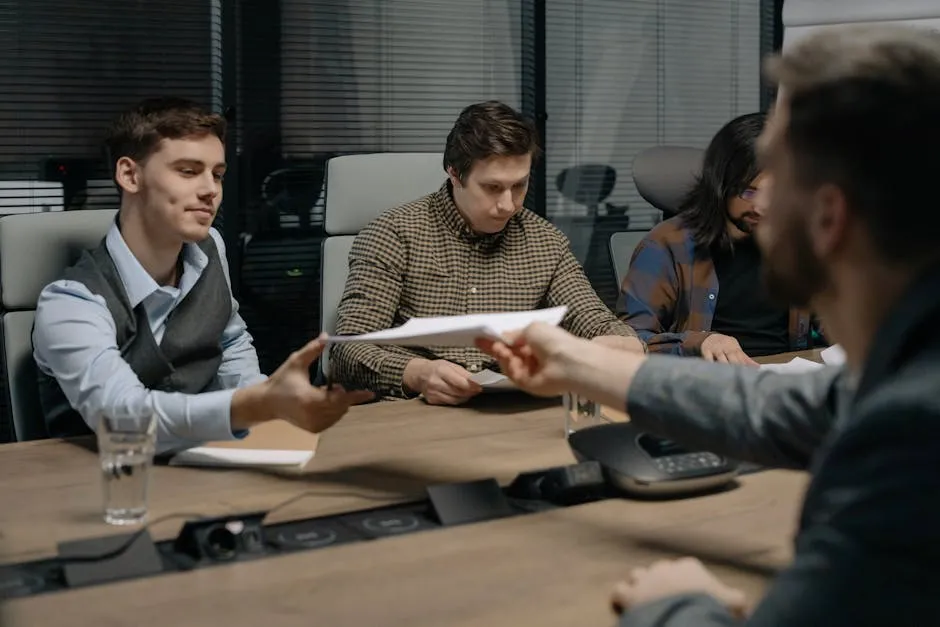 Mesa de reunião com documentos e pessoas em discussão formal
