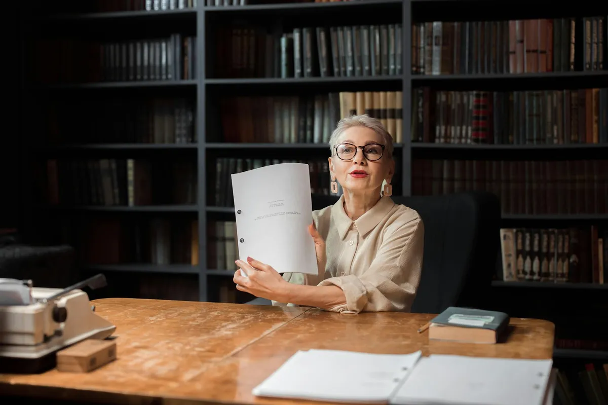 Pesquisadora revisando manuscrito acadêmico em sua mesa de trabalho
