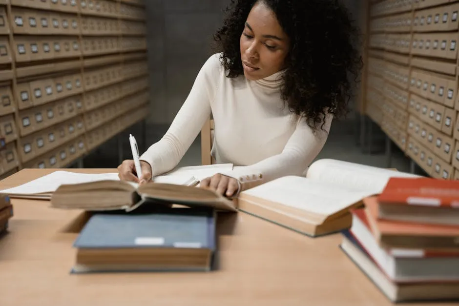 Pesquisadora revisando pilha de artigos científicos com caderno de anotações