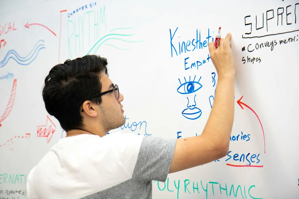 Pesquisadora organizando notas e esquemas de pesquisa em quadro branco