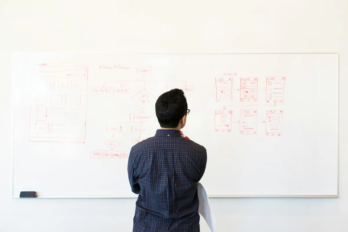 Pesquisadora analisando dados em quadro branco com anotações metodológicas