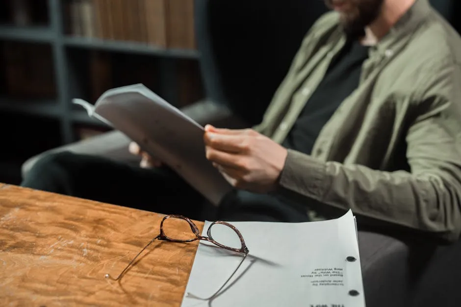 Pesquisadora lendo artigo científico e fazendo anotações em caderno sobre mesa com livros