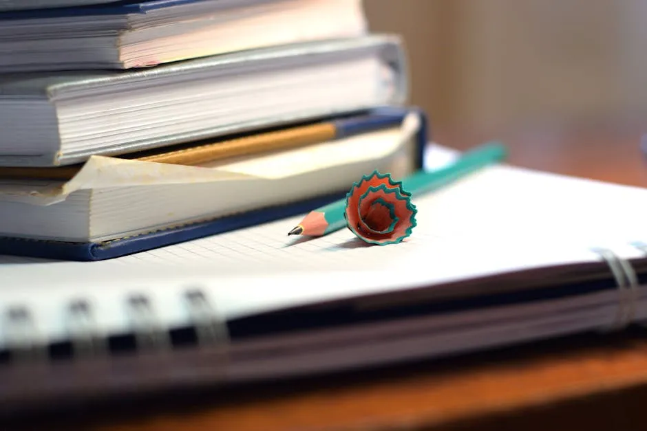 Pilha de livros acadêmicos sobre mesa de trabalho com caneta e caderno ao lado