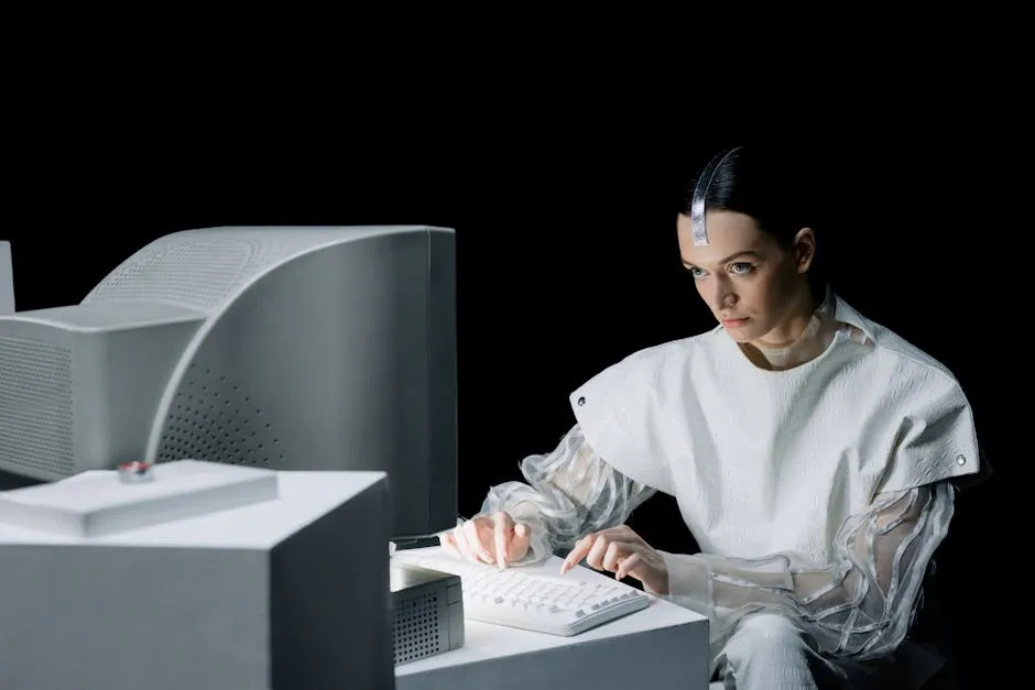 Pesquisadora usando computador com interface de IA para organizar referências bibliográficas