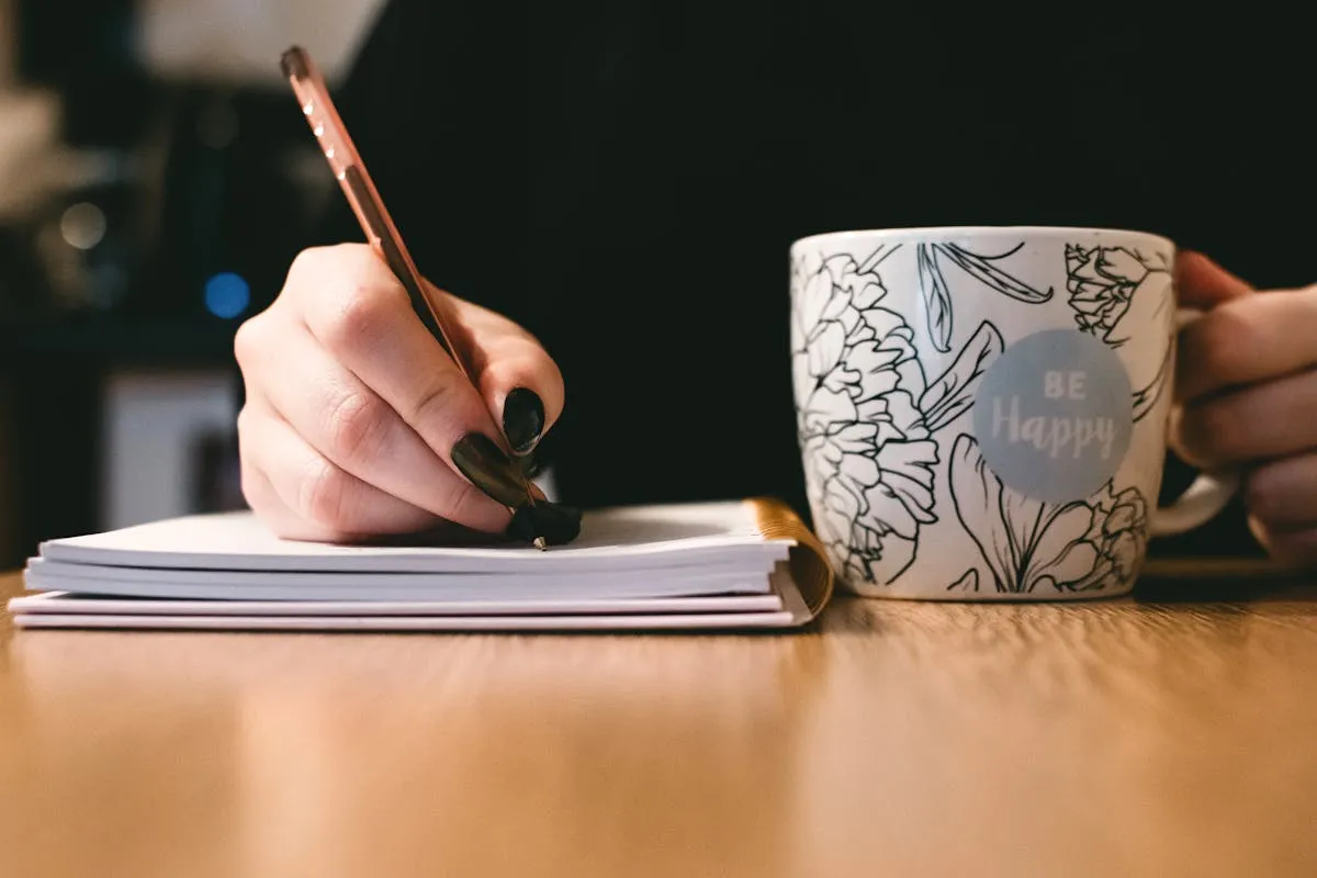 Pessoa abrindo um caderno em uma mesa com café e plantas ao fundo em ambiente aconchegante