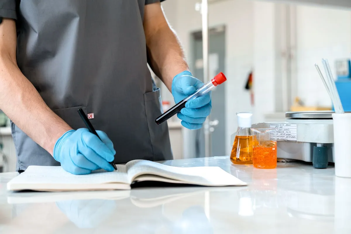 Pesquisadora em laboratório comparando dois conjuntos de anotações científicas