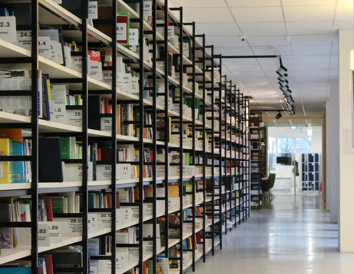Pesquisadora analisando pilhas de artigos científicos em uma mesa de biblioteca