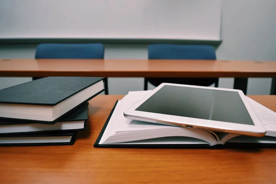 Sala de aula com livros de pedagogia, cadernos e materiais educacionais sobre mesa