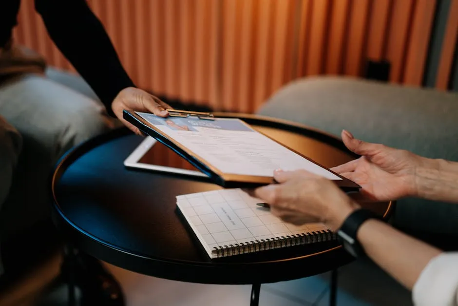 Pesquisadora com caderno de anotações conduzindo entrevista com participante