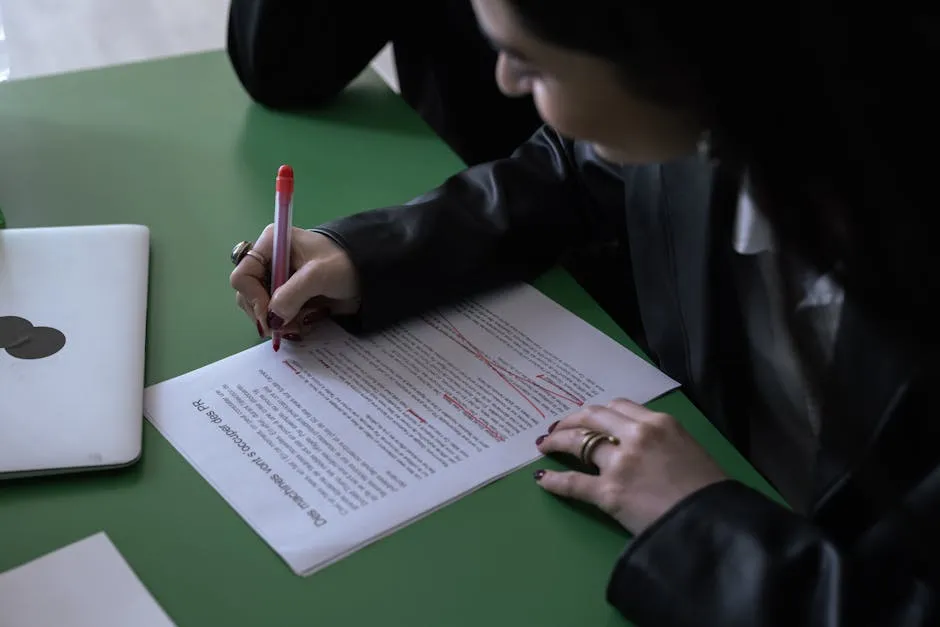 Pessoa revisando documento acadêmico com caneta, corrigindo texto impresso