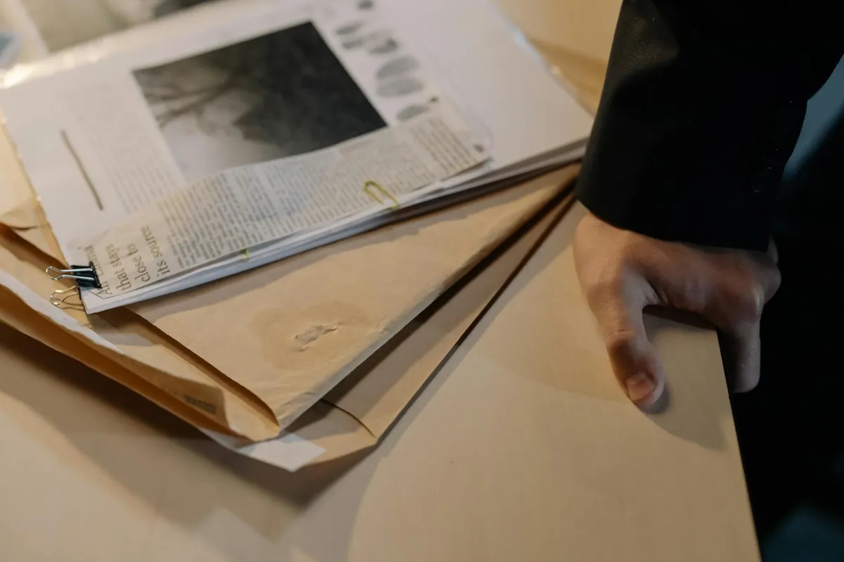 Pesquisadora analisando documentos e anotações de um caso de pesquisa em mesa de trabalho