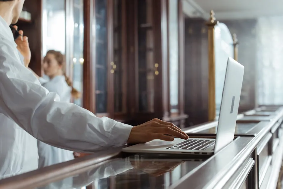 Pesquisadora utilizando computador para busca de artigos científicos com anotações ao lado