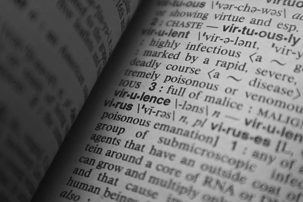 Pesquisadora analisando textos e discursos com anotações em caderno ao lado de computador