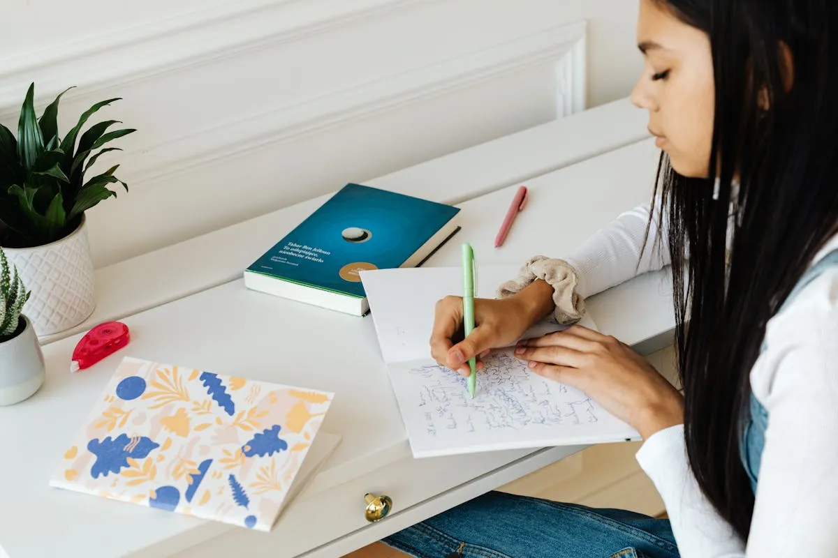 Pessoa escrevendo em caderno com caneta em mesa de estudos