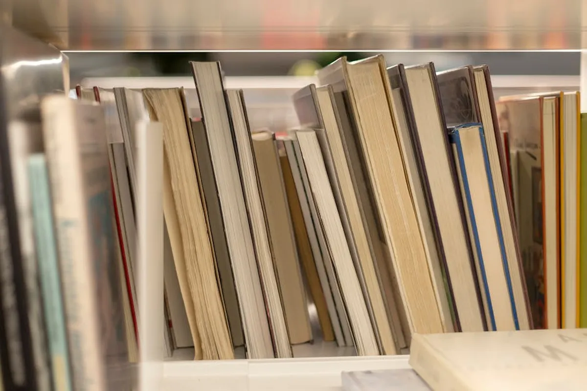 Pessoa rodeada de livros e artigos científicos organizando uma pesquisa bibliográfica