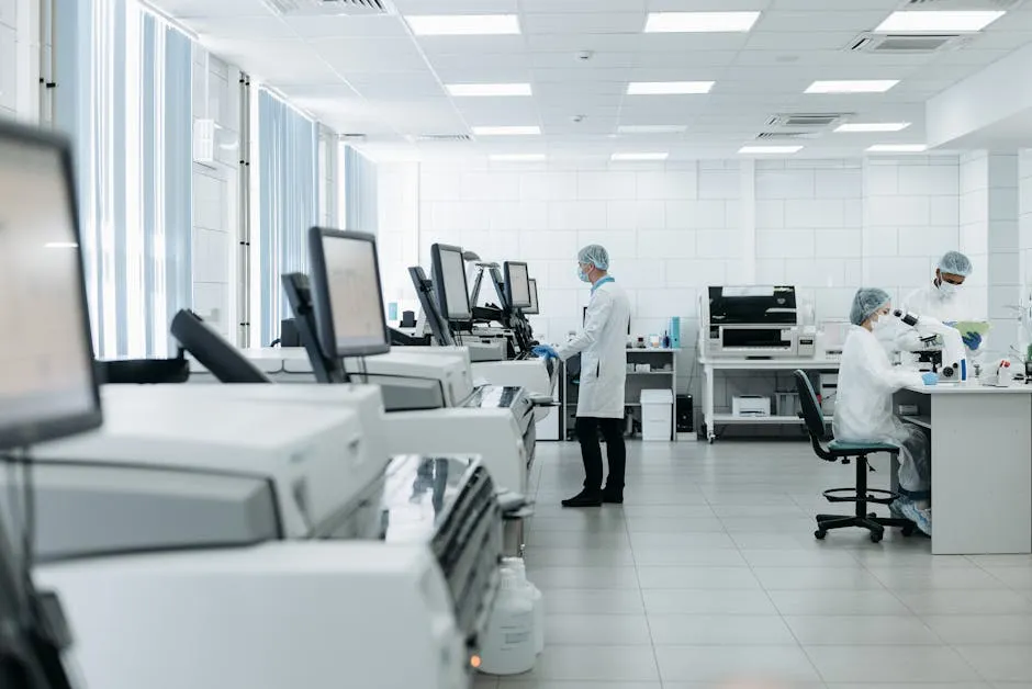 Profissional de saúde analisando dados de pesquisa em ambiente clínico