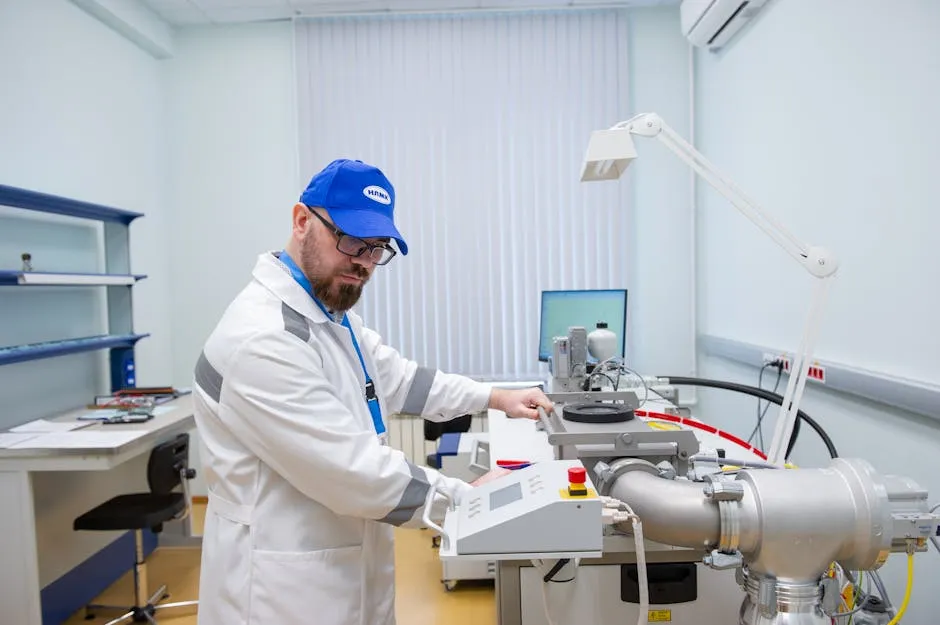 Engenheira analisando dados em computador em laboratório de pesquisa