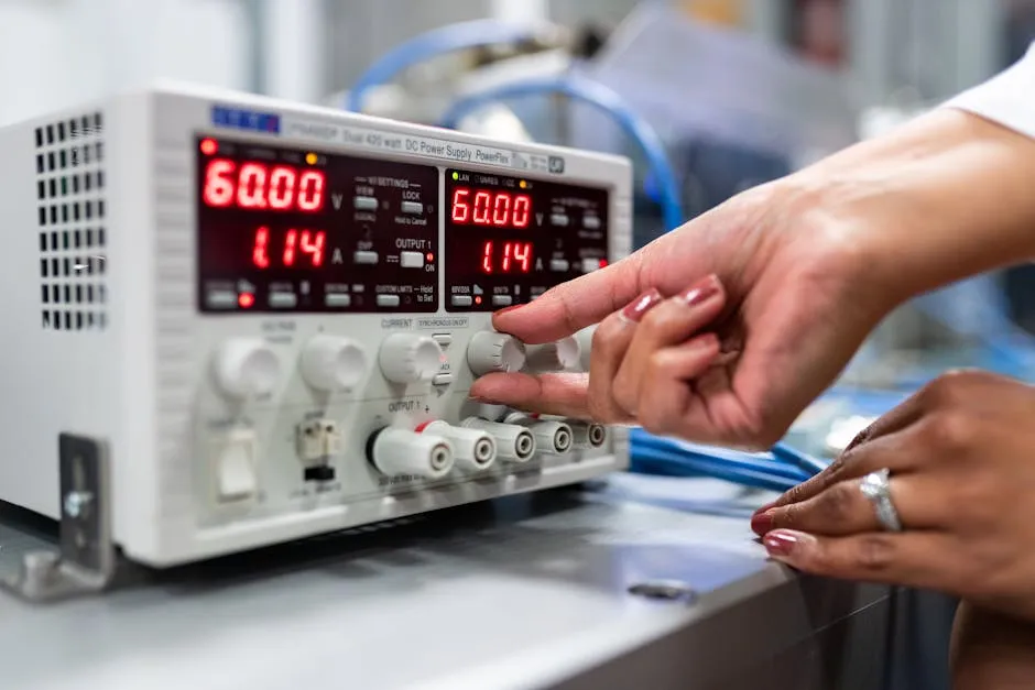 Engenheiro com jaleco branco realizando experimento em laboratório com equipamentos de medição.