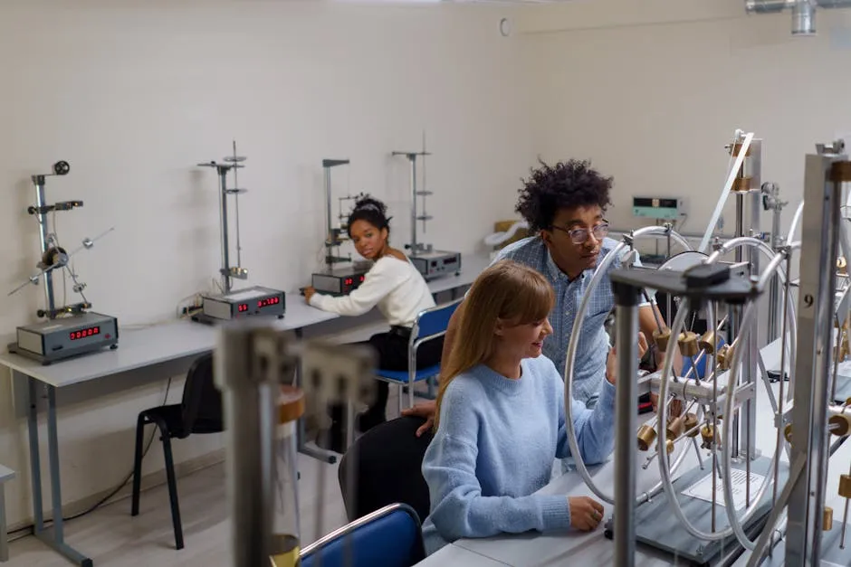 Estudantes em laboratório universitário trabalhando em projeto de pesquisa