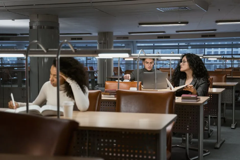 Pesquisadoras de diferentes areas conversando em biblioteca universitaria