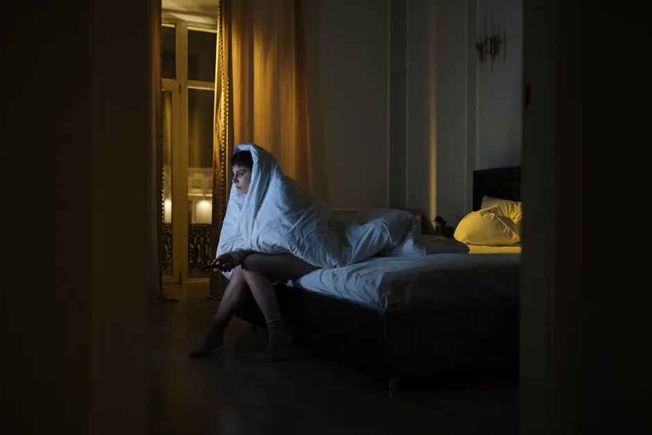 Pessoa acordada de madrugada olhando para o teto no escuro, representando insônia e ansiedade