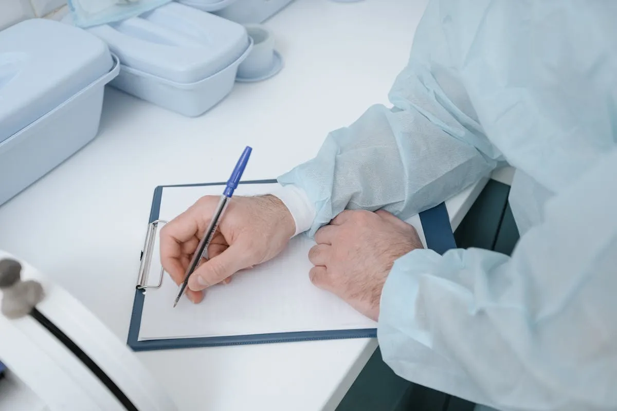 Pesquisadora de saúde lendo documentos científicos em ambiente hospitalar.