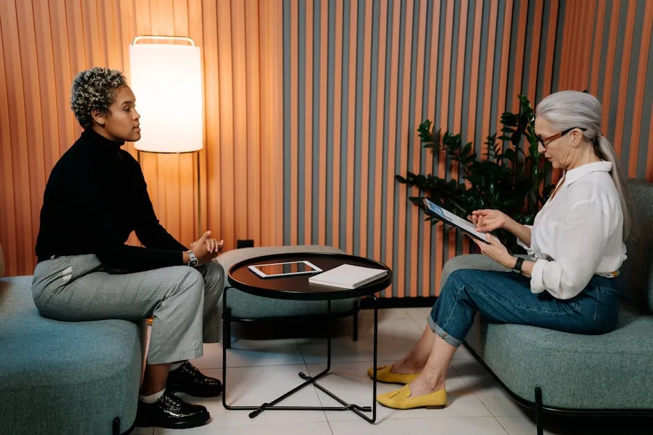 Pesquisadora tomando notas em caderno durante entrevista de pesquisa.