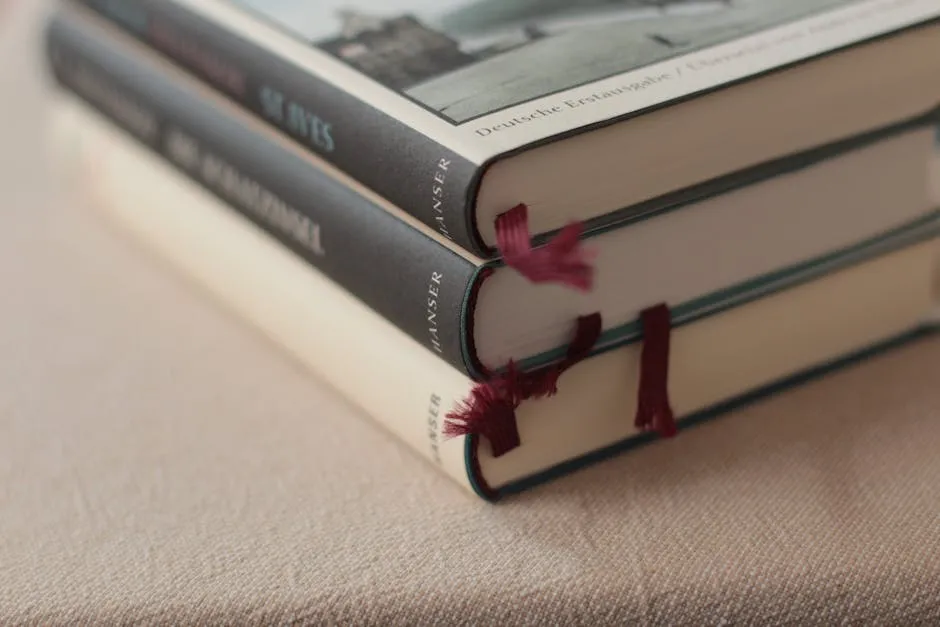 Pilha de livros com marcadores coloridos, representando organização de referências bibliográficas.