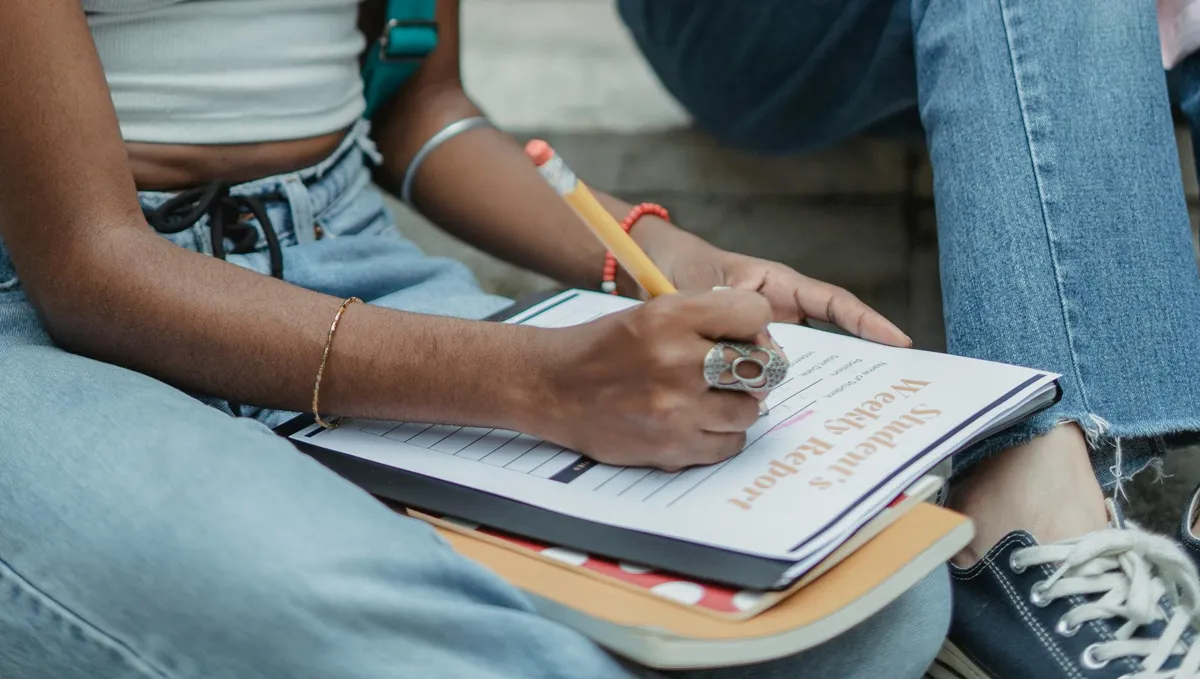 Estudante revisando documento de estágio em mesa de trabalho