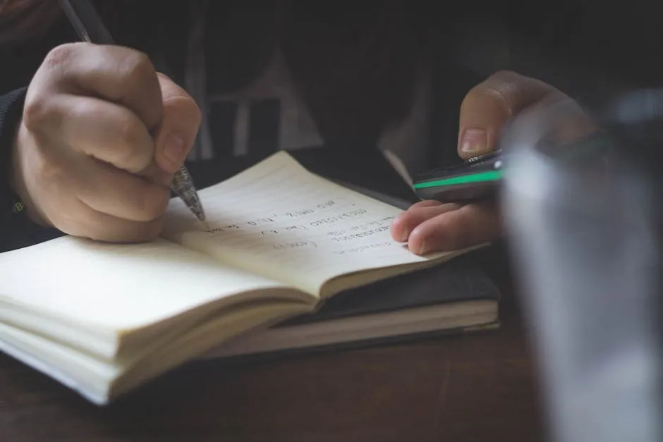 Pessoa lendo livro acadêmico com caderno de anotações ao lado em mesa de estudos
