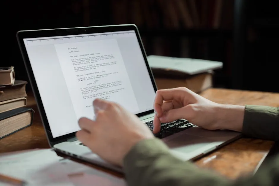 Pesquisadora revisando texto impresso com caneta vermelha, com laptop ao lado mostrando ferramentas de edição