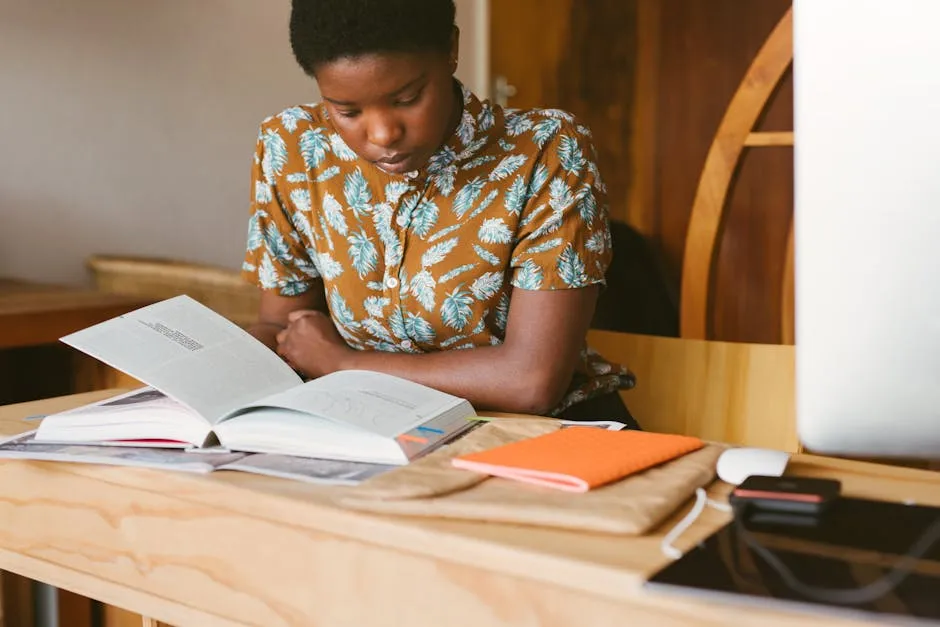 Pesquisadora usando computador para buscar artigos científicos em base de dados acadêmica