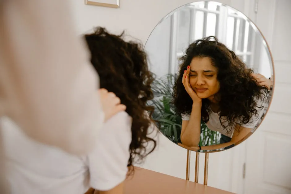 Pessoa olhando para reflexo no espelho com expressão pensativa, representando dúvida sobre identidade