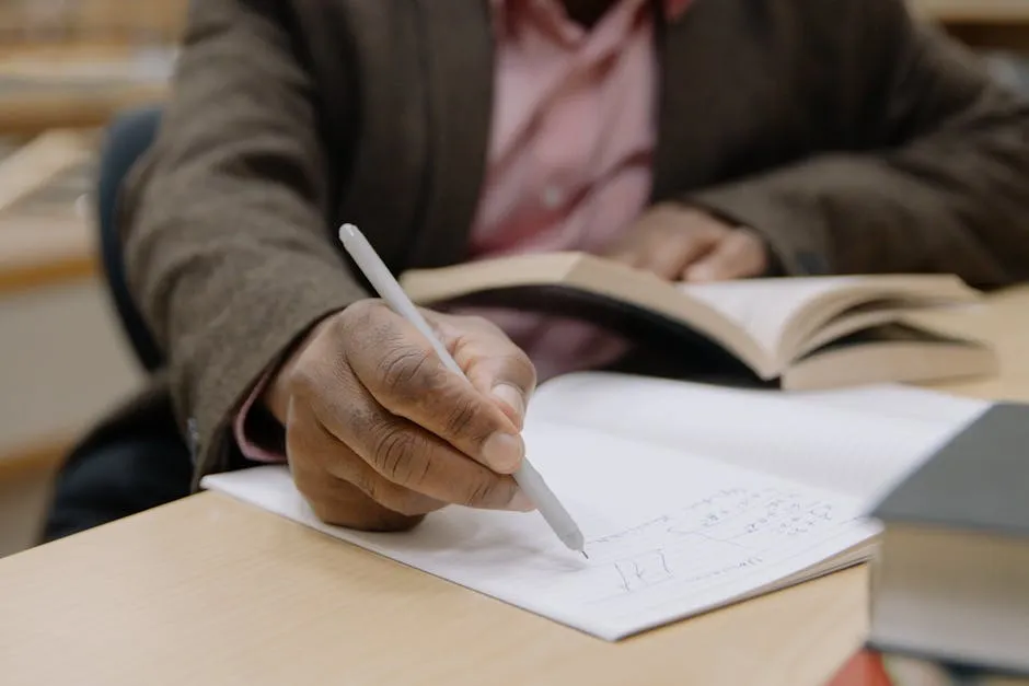 Estudante universitária com caderno de campo fazendo anotações em entrevista de pesquisa