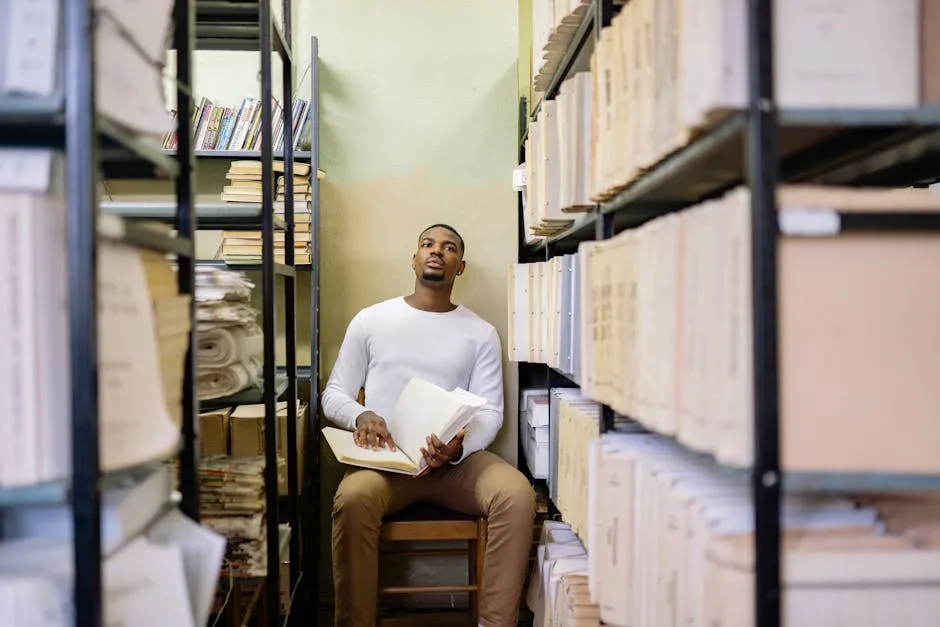 Estudante lendo documento acadêmico espesso em mesa de biblioteca