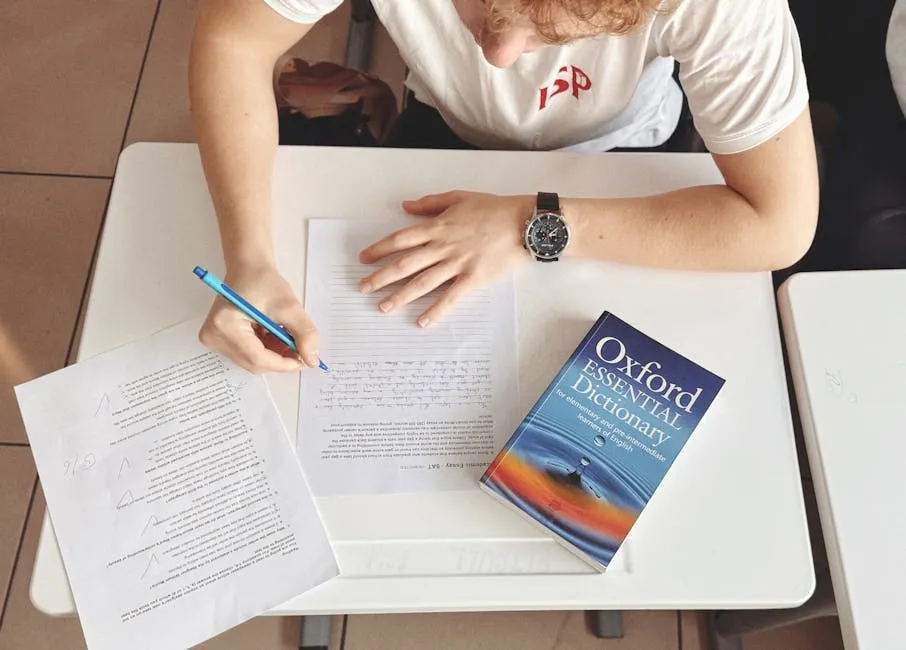 Pessoa estudando inglês com livros e caderno sobre a mesa