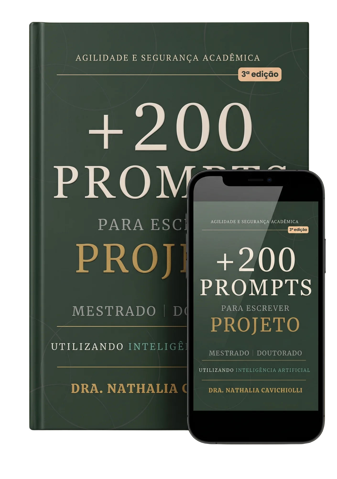 Mockup do ebook +200 Prompts para Escrever Projeto de Mestrado e Doutorado
